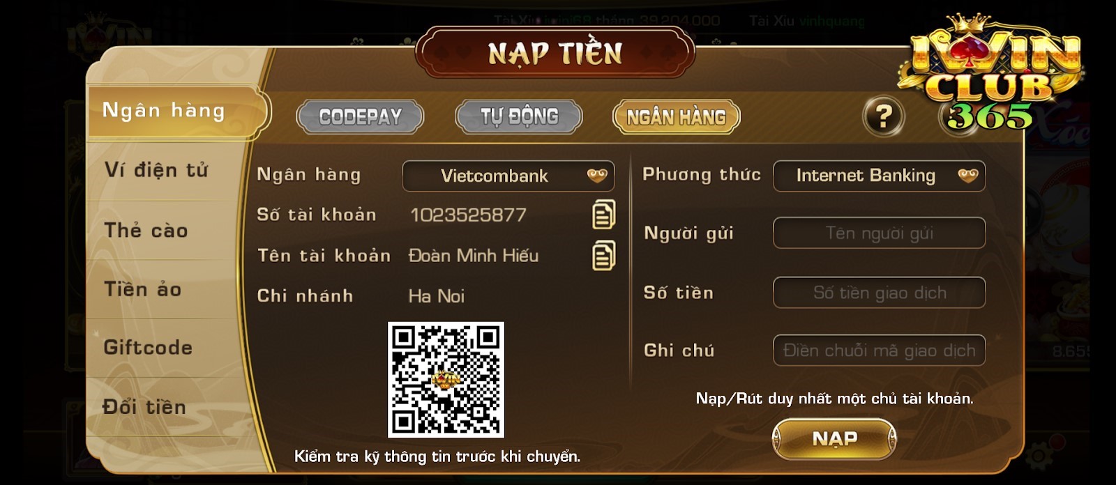 Nạp tiền qua ngân hàng bằng Vietcombank