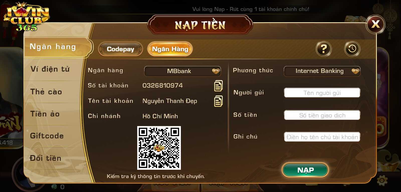 Anh em hãy sao chép lại thông tin tài khoản mà cổng game cung cấp