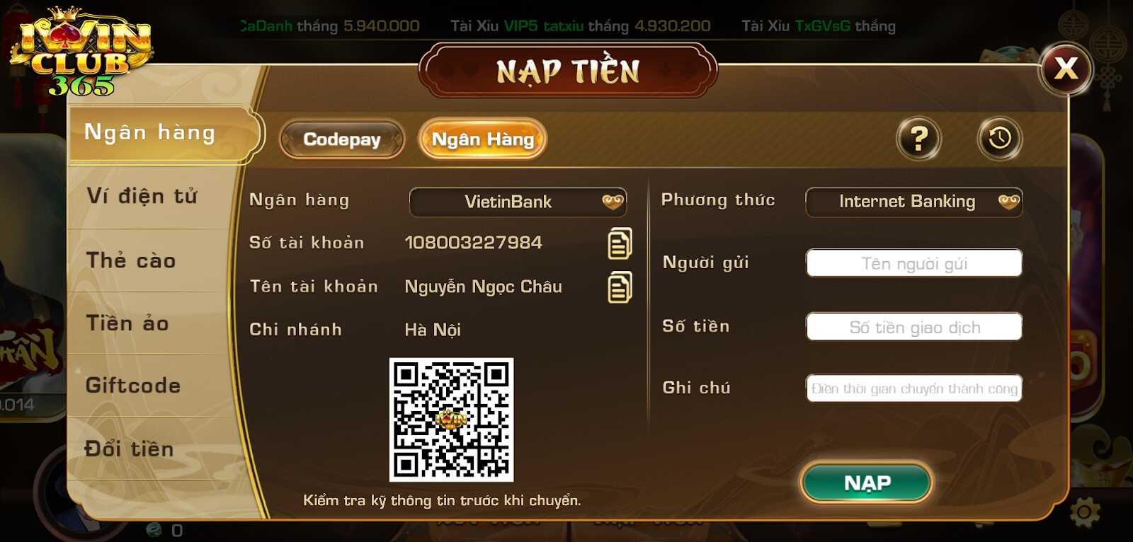 Sao chép số tài khoản ngân hàng Vietinbank mà cổng game cung cấp