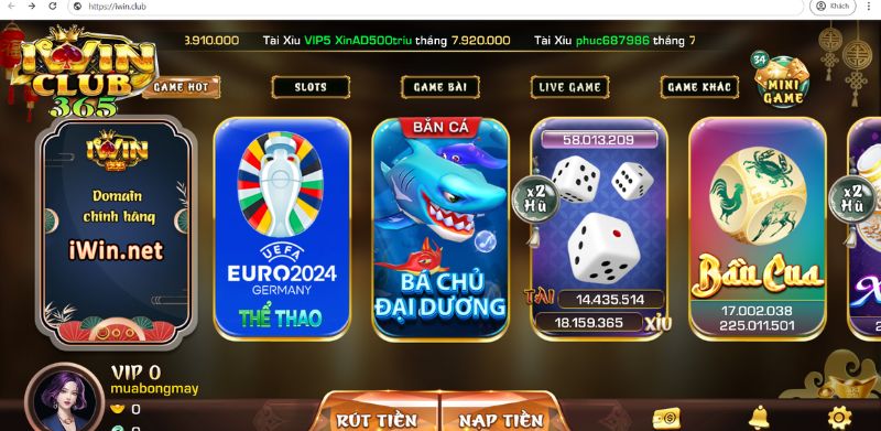 Giao diện cổng game iWin tại domain iwin,.club